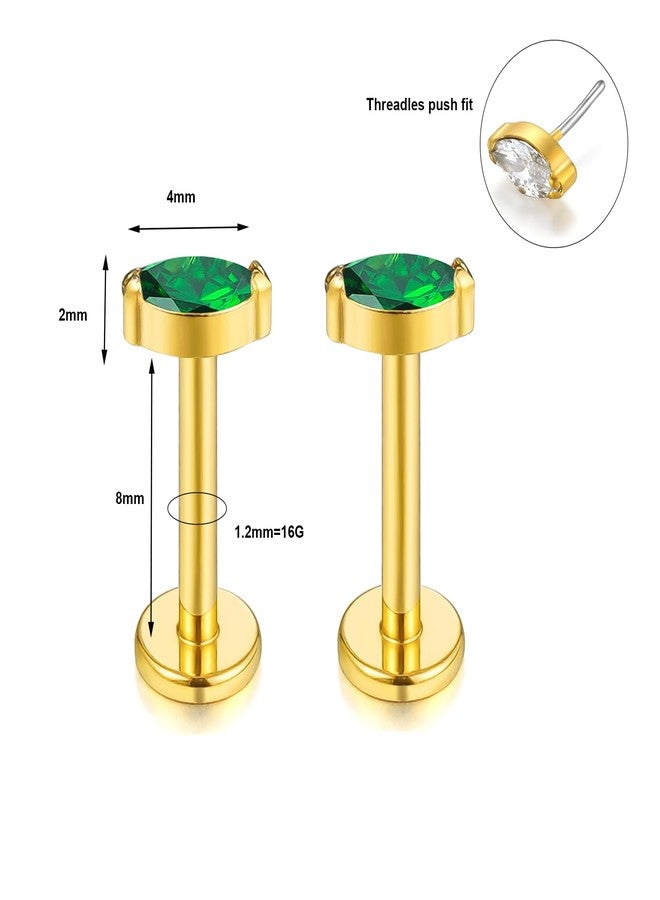 ENONTY 1 pair 16G G23 Titanium Threadless Labret Studs Push-in CZ Labret Lip Cluster Tragus Helix Conch Lobe Rook Cartilage Push Back Sleeper Earring Piercing Jewelry for Men Women (Green) - Image 2